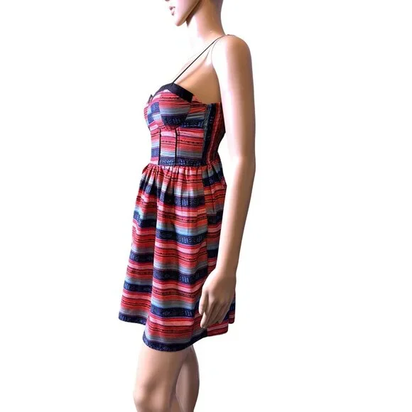 Band Of Gypsies Striped Corset Bustier Mini Dress Smocking Red Blue Size Small - Picture 4 of 13